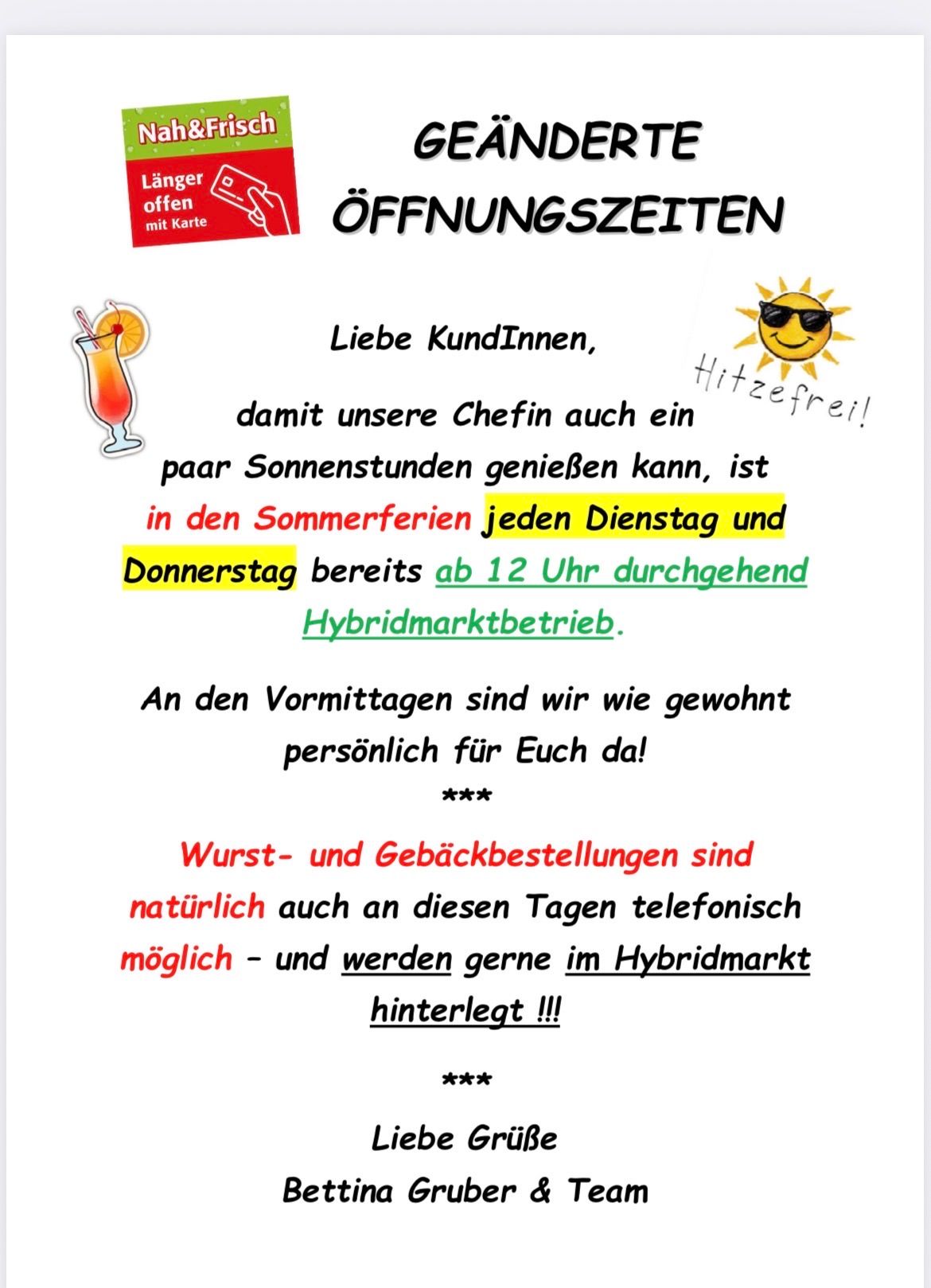 A flyer informs customers that during the summer holidays, the market opens at 12 PM on Tuesdays and Thursdays. Orders can still be placed by phone and collected in the market.