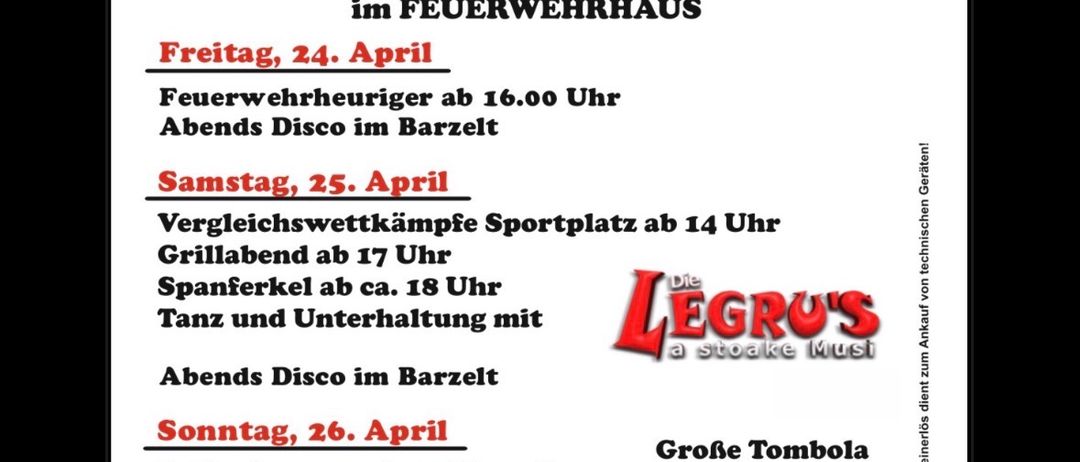 FF Breitenau STOAFODFEST, 24.-26. April 2026 im Feuerwehrhaus. Veranstaltungen umfassen Feuerwehrrekrutierung, Disco, Wettbewerbe, Grillpartys und Tanz. Der Eintritt ist frei.