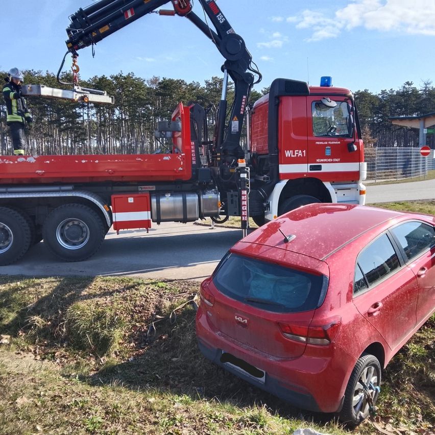 Ein rotes Auto wird von einem roten Lkw mit einem Kran in einem Waldgebiet angehoben. Ein Feuerwehrmann steht auf dem Kran, und das Auto steht auf dem Grasboden.