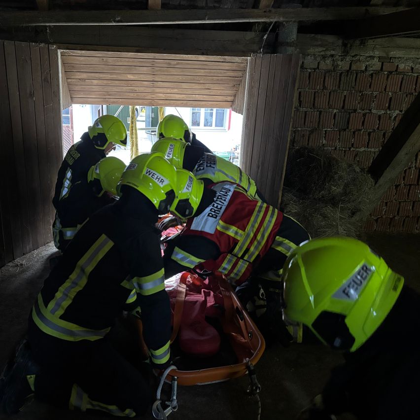 Feuerwehrleute tragen eine Person auf einer Trage aus einer Scheune. Alle tragen grüne Helme.