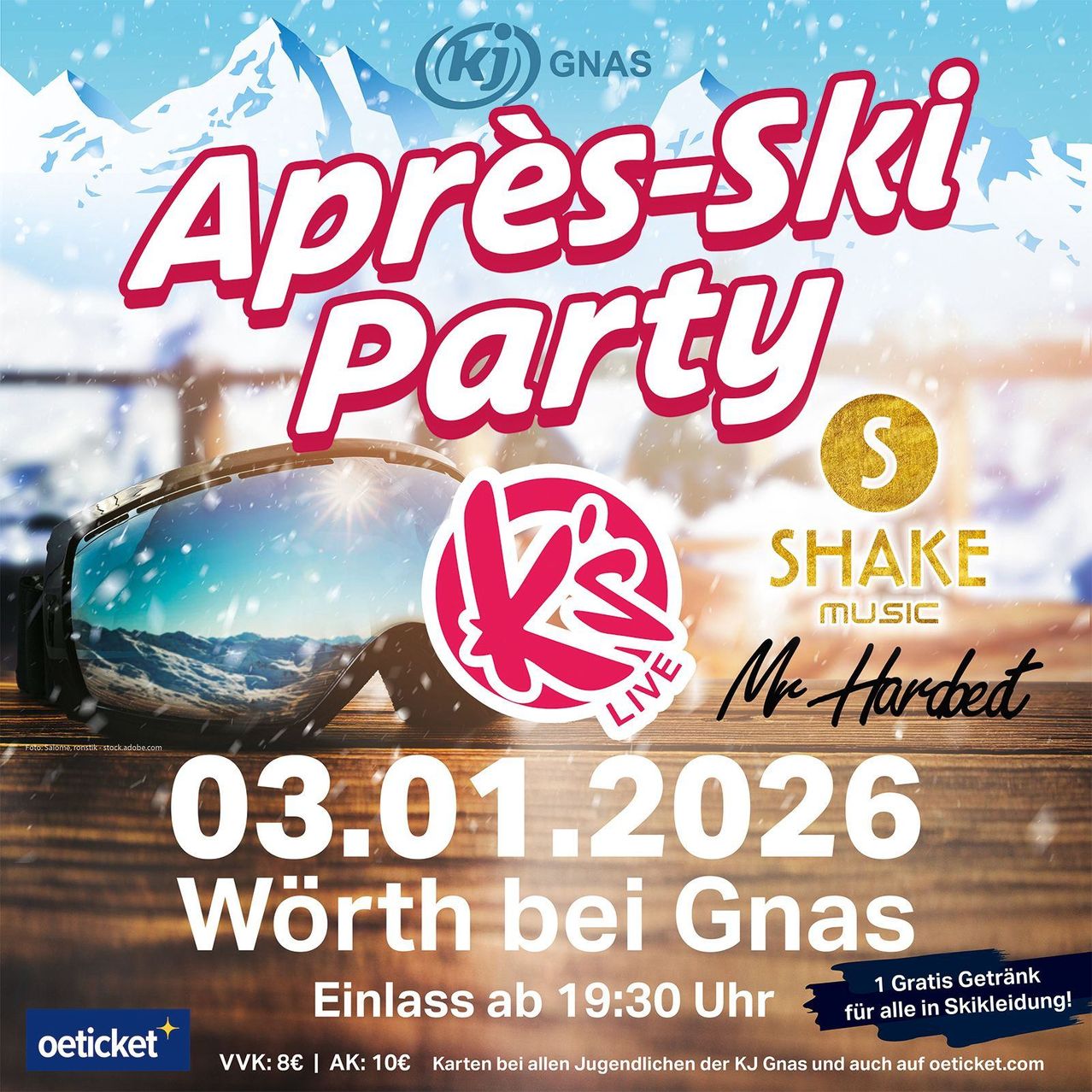 Plakat für eine Après-Ski-Party mit Skibrille, Bergen und DJ-Logo. Veranstaltungsdatum ist der 3. Januar 2026. Beginn um 19:30 Uhr. Kostenloses Getränk für alle in Skibekleidung.