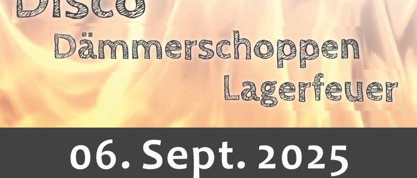 Plakat für eine Party mit Disco, Lagerfeuer und Feuerwerk. Die Veranstaltung findet am 6. September 2025 im Rusthaus Edelsbach statt, Beginn um 18:00 Uhr.