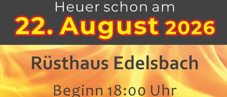 Advertisement for an event titled TAO Party with a date of August 22, 2026. Features Disco, Dämmerschoppen, Lagerfeuer. Starts at 18:00 at Rusthaus Edelsbach.