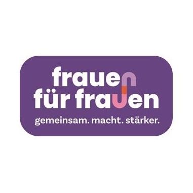 Lila Ovallogo mit dem Text 'frauen fur frauen' und dem Slogan 'gemeinsam. macht. starker.'