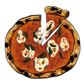 Eine runde Pizza mit einer verbrannten Kruste, belegt mit Tomatensoße und Käse, garniert mit grünen Blättern. Sie wurde in acht Stücke geschnitten.