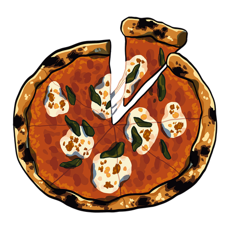 Eine runde Pizza mit einer verbrannten Kruste, belegt mit Tomatensoße und Käse, garniert mit grünen Blättern. Sie wurde in acht Stücke geschnitten.