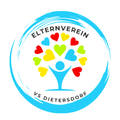 Ein kreisförmiges Logo mit einem Baum, dessen Blätter aus mehrfarbigen Herzen bestehen, beschriftet mit 'Elternverein vs. Dietersdorf'. Der Baum ist von einem blauen Kreis umgeben.