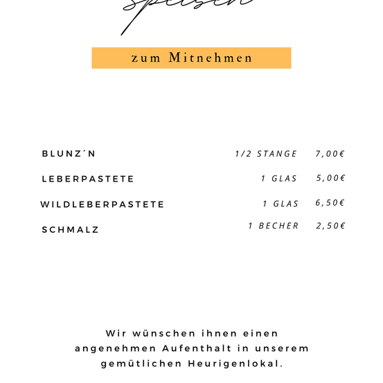 Ein Menükarten eines Restaurants namens 'Spechzen' mit verschiedenen Speisen und deren Preisen und einer herzlichen Begrüßung am unteren Rand.