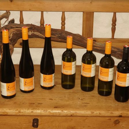 Mehrere Weinflaschen mit orangefarbenen Verschlüssen, gekennzeichnet mit 'Elevance,' stehen auf einem Holztisch mit einem hölzern Kopfteil im Hintergrund.