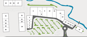 Ein Lageplan eines Parkplatzes, mit nummerierten Stellplätzen und zwei Durchgängen mit Treppenzugang. Der Plan ist in Abschnitte unterteilt.