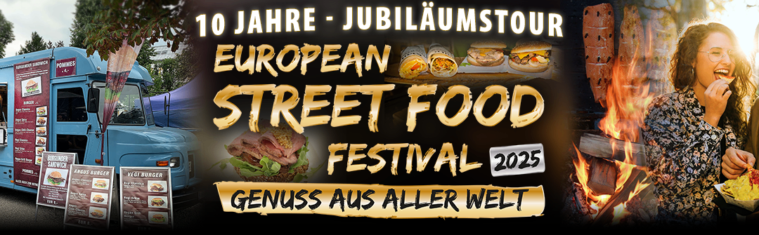 Ein Plakat, das ein europäisches Street-Food-Festival feiert, das 2025 sein 10-jähriges Jubiläum feiert. Es zeigt Bilder von verschiedenen Street-Food-Gerichten, einem blauen Food-Truck und einem Feuerkorb.