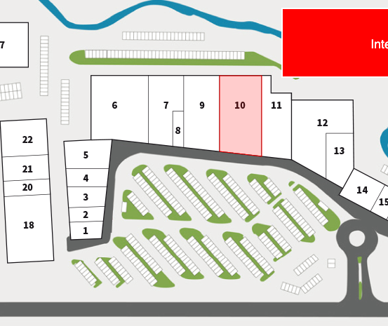 Layout eines Parkplatzes mit nummerierten Stellplätzen. Platz 10 ist hervorgehoben. Darunter befindet sich ein Schild mit der Aufschrift 'Intersport'.