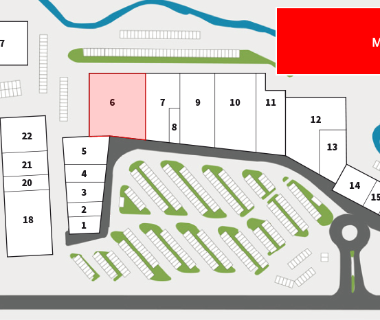 Eine Karte mit Parkplätzen, die von 1 bis 17 nummeriert sind, wobei Parkplatz 6 rot hervorgehoben ist. Die Karte enthält einen Schlüssel, eine Legende und einen Fluss im Hintergrund.