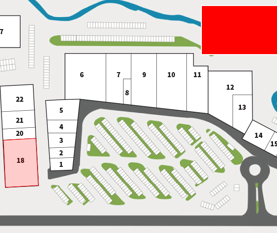 Ein Grundriss zeigt nummerierte Parkplätze. Platz 18 ist hervorgehoben. Die Nummern 1 bis 17 sind in einem Raster angeordnet. Plätze 25, 26 und 27 sind darüber. Der Begriff 'dm' steht in der oberen rechten Ecke.