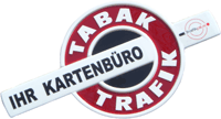 Ein rundes rotes und weißes Schild mit dem Wort 'TABAK' darauf und einem weißen Balken, auf dem 'IHR KARTENNBUR' steht. Darunter steht das Wort 'TRAFIK' in Rot.