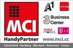 Die MCI HandyPartner Werbung zeigt das MCI Logo in Rot mit einem quadratischen Gittermuster, zusammen mit Logos von A1, Business Center, Red Bull Mobile und T-Mobile. Der Text 'HandyPartner' ist prominent angezeigt, mit der Website 'www.mci.cc'.