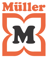 Das Müller-Logo zeigt ein fettes 'M' in Schwarz, eingeschlossen in einem orangefarbenen herzförmigen Rahmen auf weißem Hintergrund.