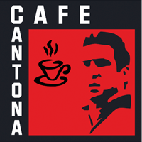 Das Logo von Cafe Cantona zeigt ein Profil eines Mannes mit Sonnenbrille, Dampf aus einer Kaffeetasse und dem Wort Cantona in fetten weissen Buchstaben auf rotem Hintergrund.