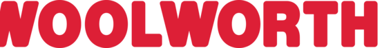 Der rote Text 'WOOLWORTH' auf schwarzem Hintergrund mit einem roten Kreis, der einen weißen Buchstaben R enthält.