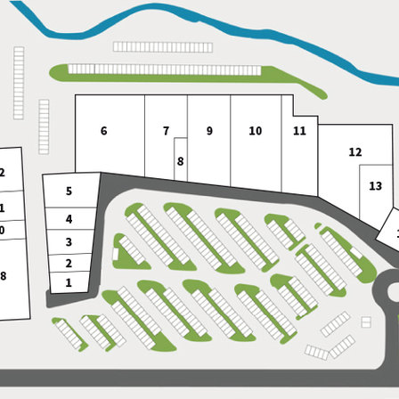 Ein Grundriss zeigt nummerierte Parkplätze. Plätze 1-5 sind links, 6-17 rechts. Plätze 25-27 oben. Eine blaue Kurve umgibt den oberen Bereich.