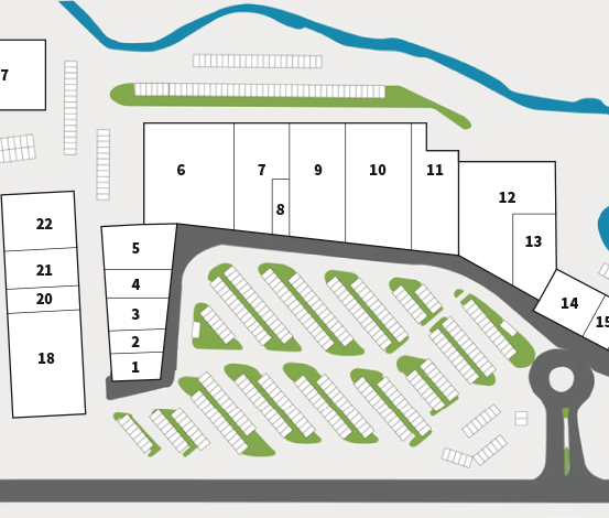 Ein Grundriss zeigt nummerierte Parkplätze. Plätze 1-5 sind links, 6-17 rechts. Plätze 25-27 oben. Eine blaue Kurve umgibt den oberen Bereich.
