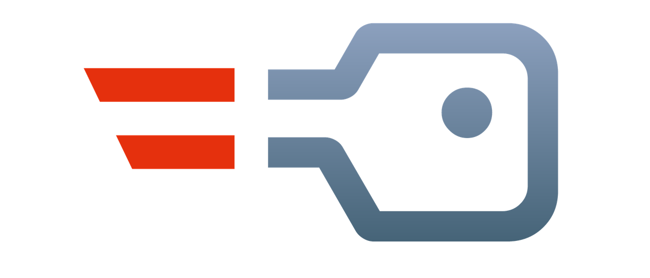 Ein Logo auf schwarzem Hintergrund zeigt ein rotes Rechteck links und eine graue Schlüsselsilhouette rechts.
