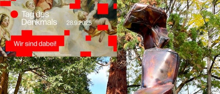 Eine Bronzeskulptur steht auf einer Holzplattform, umgeben von Bäumen und Gras. Ein roter Banner darüber lautet 'Tag des Denkmals 28.9.2025'.