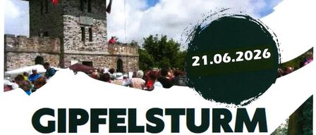 An event titled Gipfelsturm on June 21, 2020, with people gathered at a historical castle tower with flags and trees in the background.