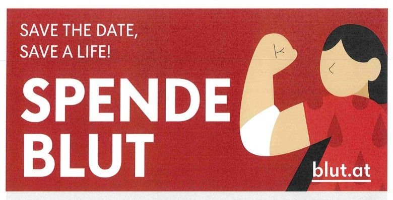 Ein rotes Plakat mit einer Frau, die ihren Arm anspannt, und dem Text 'Speichere das Datum, rette ein Leben! SPENDE BLUT'. Das Plakat ermutigt zur Blutspende.