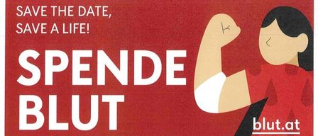 Ein rotes Plakat mit einer Frau, die ihren Arm anspannt, und dem Text 'Speichere das Datum, rette ein Leben! SPENDE BLUT'. Das Plakat ermutigt zur Blutspende.