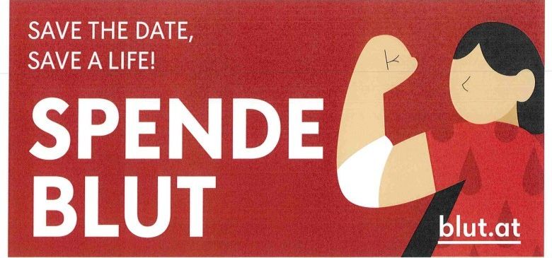 Ein rotes Plakat mit einer Frau, die ihren Arm anspannt, und dem Text 'Speichere das Datum, rette ein Leben! SPENDE BLUT'. Das Plakat ermutigt zur Blutspende.