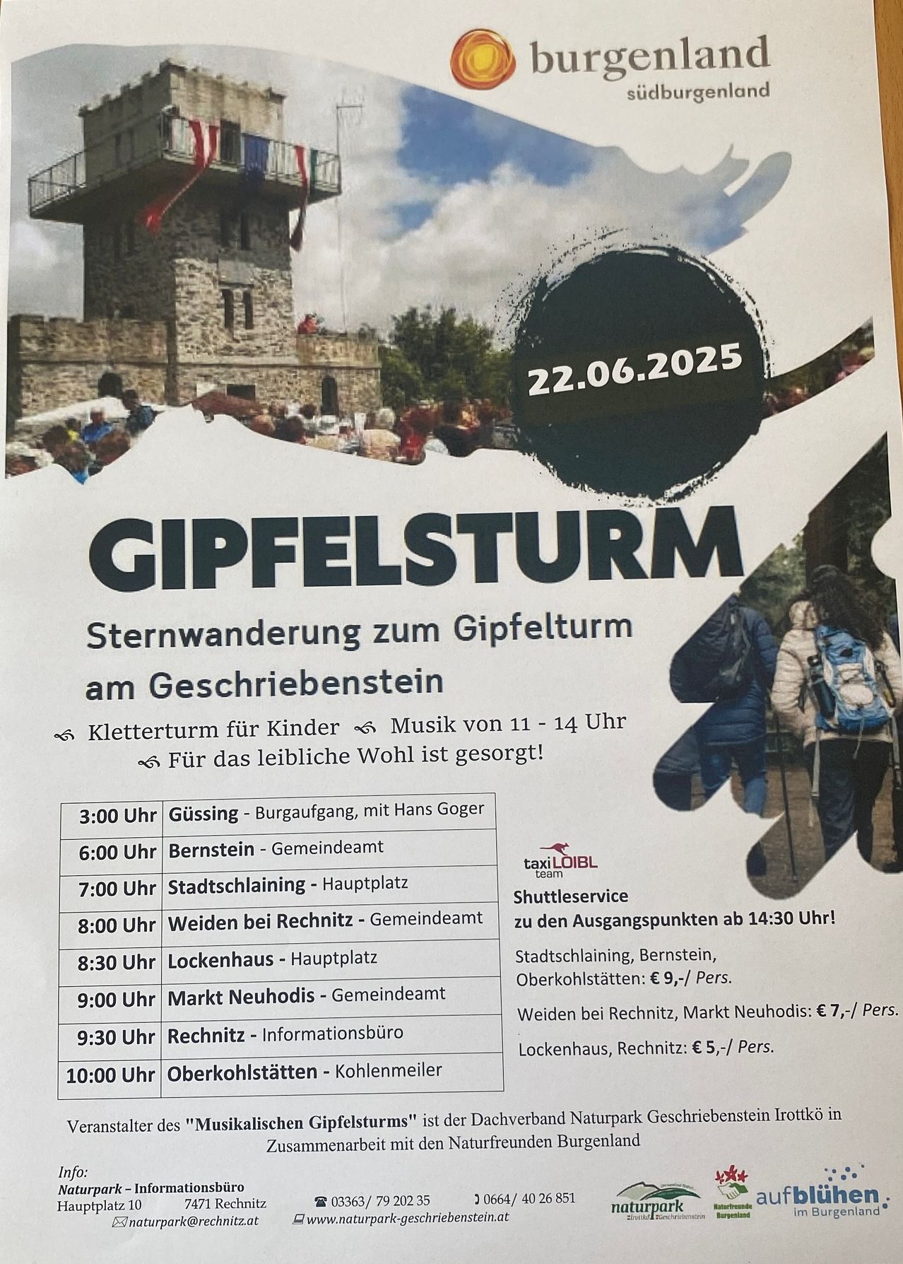 Veranstaltungsplakat für Gipfelsturm, eine Sternwanderung am 22.06.2025, mit Aktivitäten von 15:00 bis 22:00 Uhr, einschließlich geführter Touren, Klettern, Musik und Shuttleservice-Details.
