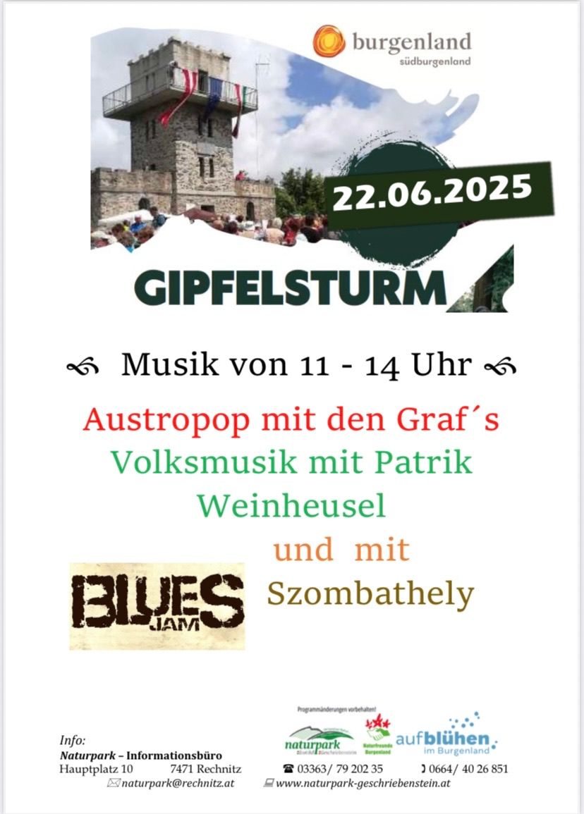 Plakat für Gipfelsturm-Veranstaltung am 22.06.2025, mit Musik von 11-14 Uhr, einschließlich Austropop mit den Graf's, Volksmusik mit Patrik Weinheuser und Blues Jam mit Szombathely.