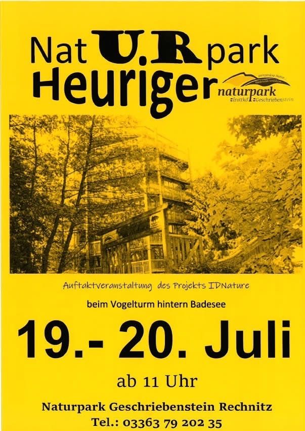 Plakat für Nat U.R. Park Heuriger mit einem Gebäude und Bäumen. Veranstaltungsdaten sind 19.-20. Juli, Beginn um 11 Uhr.