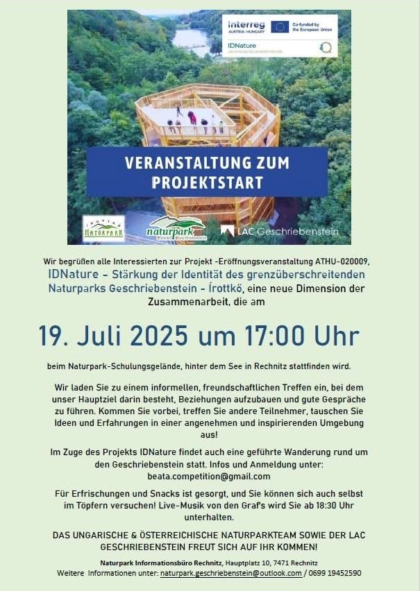 Plakat für eine Projektstart-Veranstaltung im Naturpark Gschriebenstein am 19. Juli 2025 um 17:00 Uhr. Zeigt einen hölzernen Turm in einer Waldumgebung. Ladet Interessierte ein, an einer neuen Dimension der Zusammenarbeit teilzunehmen.