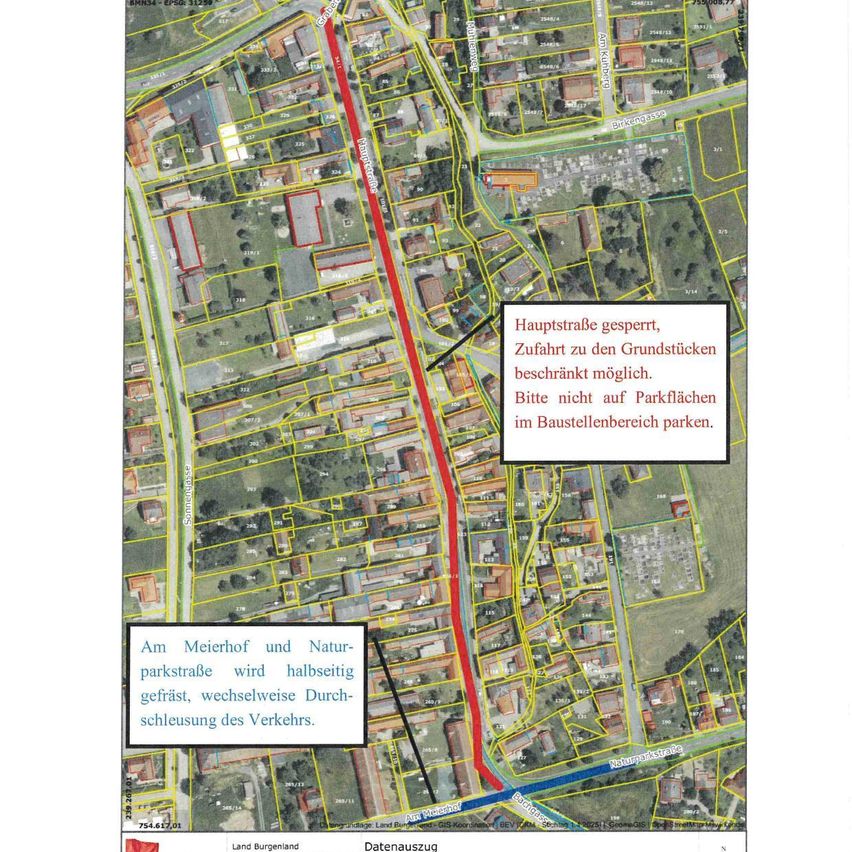 Die Karte zeigt ein Stadtgebiet mit einer gesperrten Hauptstraße, die nur Zugang zu den Grundstücken ermöglicht. Bitte parken Sie nicht auf den Parkflächen im Baugebiet. Am Meierhof und Naturparkstraße ist das Parken verboten, abwechselnder Verkehr durch die Kreuzung des Verkehrs.