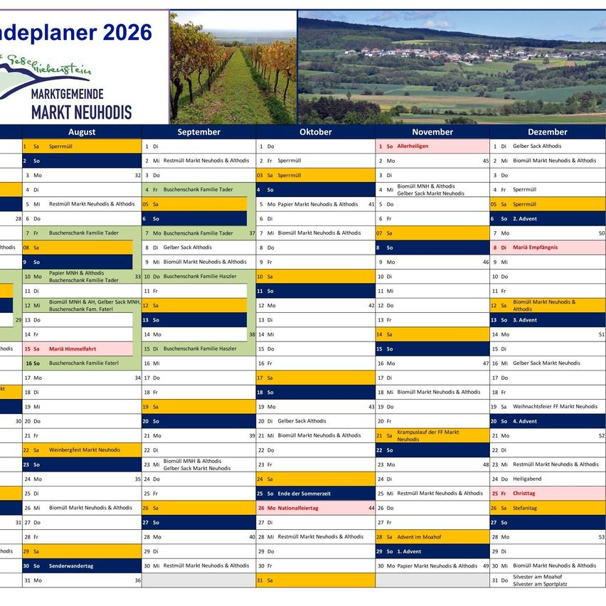 Eine Kalenderseite für 2026 zeigt den Marktplan für Marktgemeinde Mark Neuhodis. Die Monate August bis Dezember sind aufgeführt, mit den jeweiligen Marktdaten und Veranstaltungen notiert.