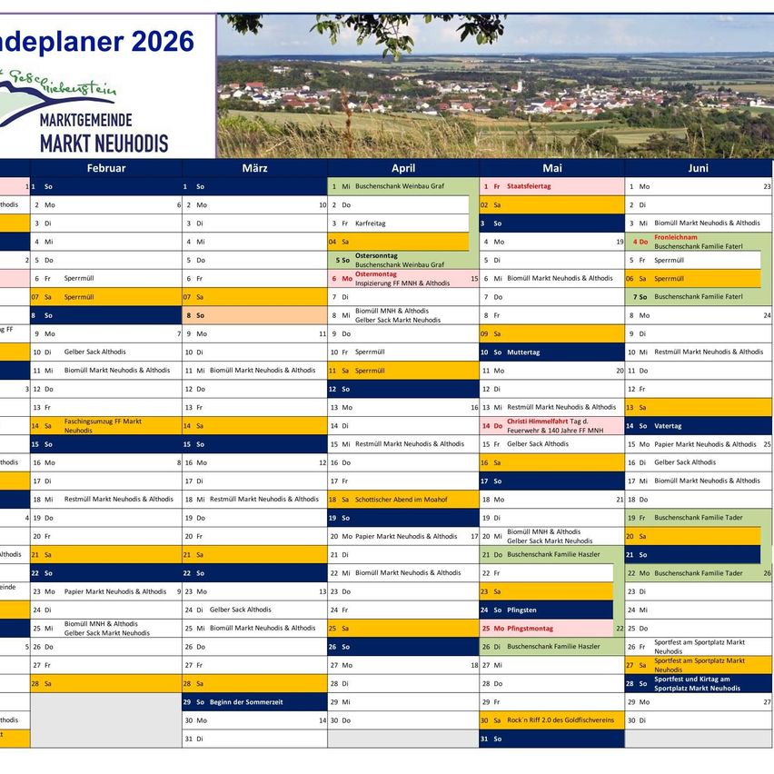 2026 Marktplaner mit Marktstandorten in Markt Neuhodis, aufgeteilt nach Monaten, einschließlich Namen, Daten und Beschreibungen von Veranstaltungen, mit einem landschaftlichen Hintergrund.
