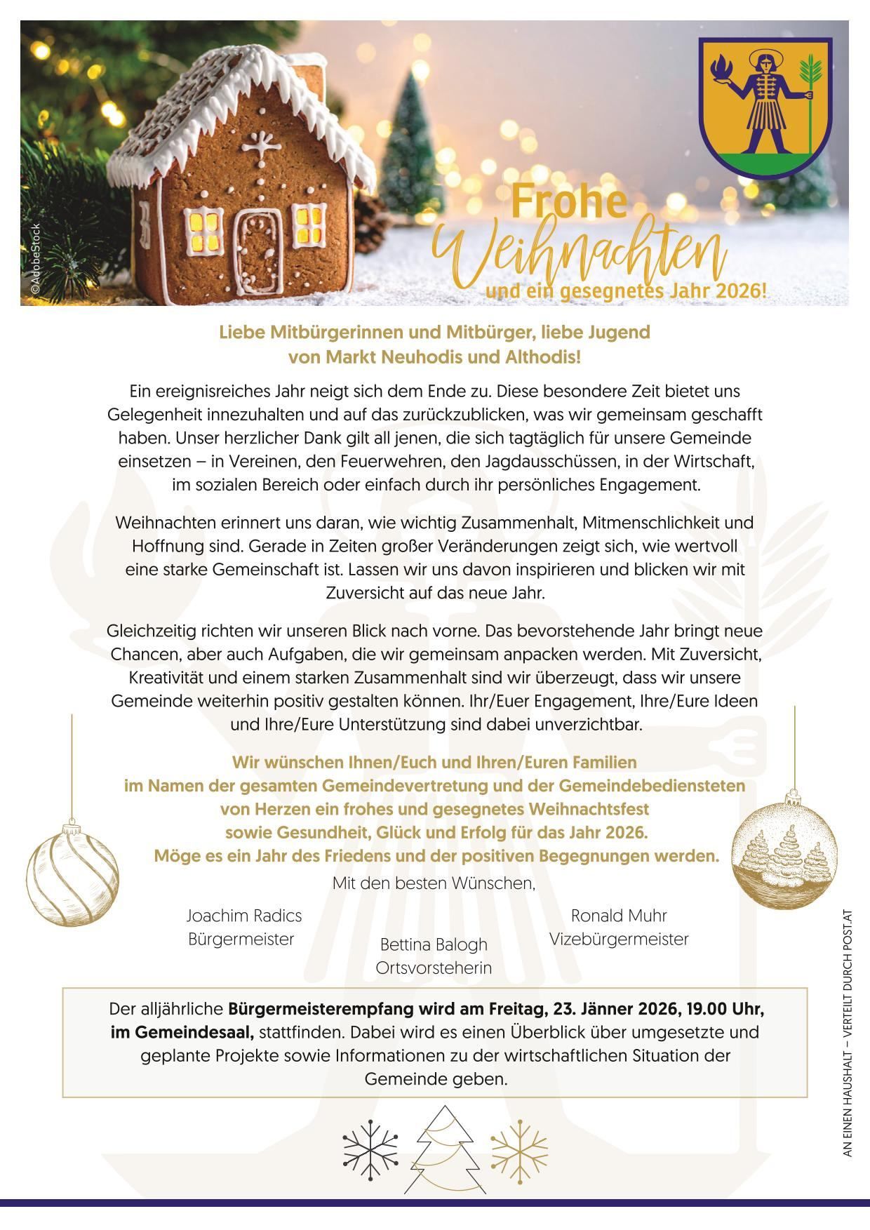 Ein Bild mit einem Lebkuchenhaus und einem Weihnachtsbaum. Der Text lautet 'Frohe Weihnachten' und wünscht ein erfolgreiches Jahr 2026. Es geht um das Jahresende, die Bedeutung der Gemeinschaft und die bevorstehende Bürgermeisterwahl am 23. Januar 2026.