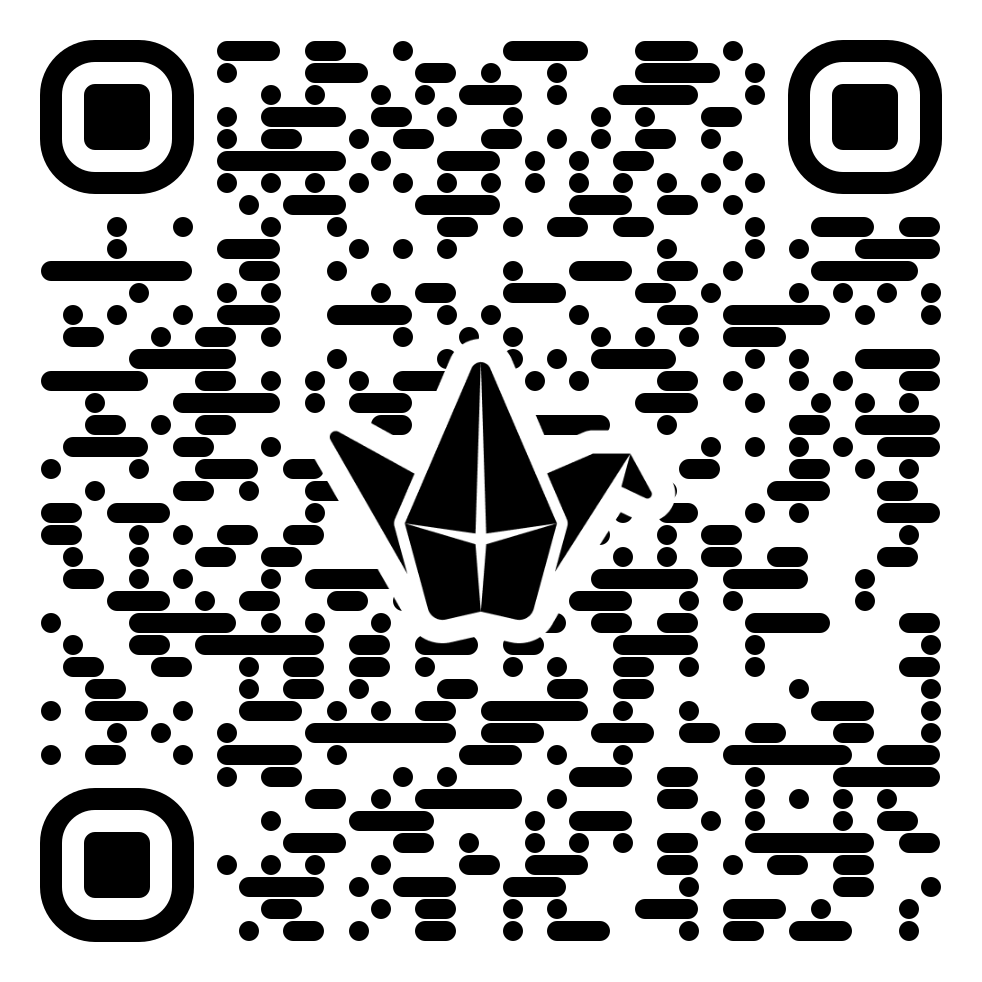 Ein QR-Code mit einem schwarzen und weißen Origami-Kranich in der Mitte und schwarzen und weißen Quadraten darum herum.