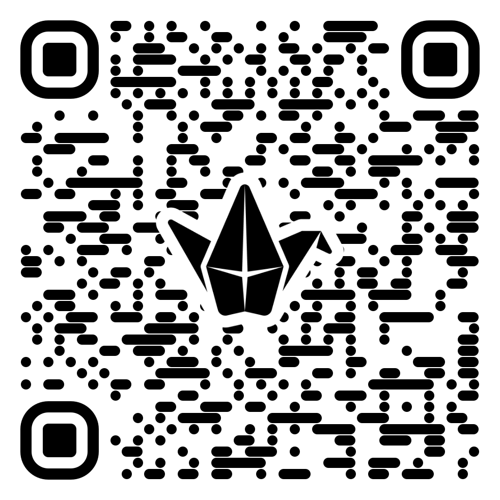 Schwarz-weißes Bild mit QR-Code-Muster und zentralem Origami-Kranich-Design.