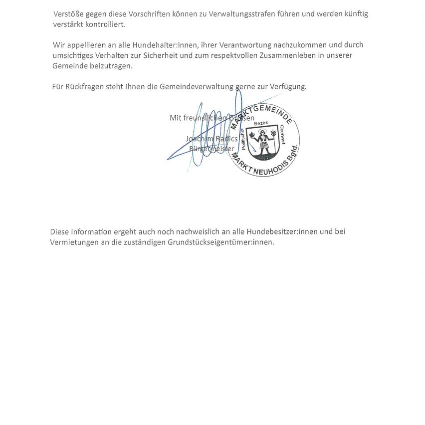 Das Dokument fordert Hundebesitzer auf, Vorschriften einzuhalten, um Strafen zu vermeiden, und betont eine starke Überwachung. Es appelliert an Hundebesitzer, ihre Verantwortung zu erfüllen und durch umsichtiges Verhalten zur Sicherheit in der Gemeinde beizutragen.