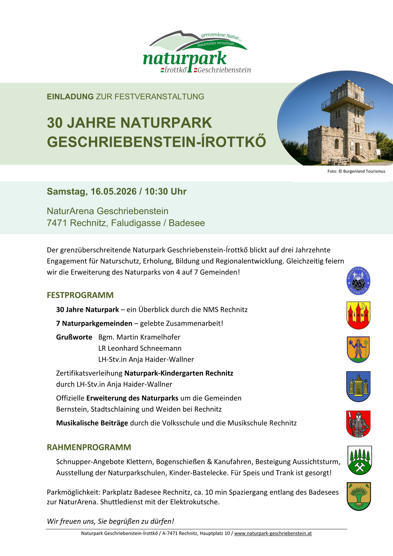 Eine Einladung zur Festveranstaltung. 30 Jahre Naturpark Geschriebenstein-Irrottko. Samstag, 16.05.2026 / 10:30 Uhr. NaturArena Geschriebenstein. Festprogramm und Zeitplan der Veranstaltungen.