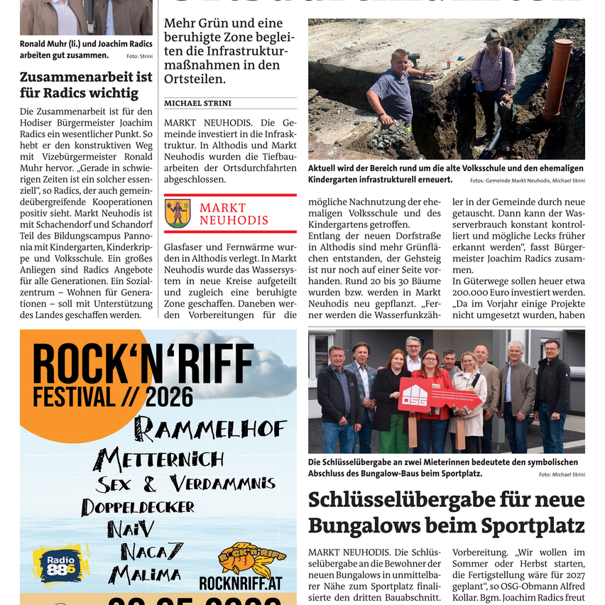 Ein Artikel über die Zusammenarbeit zwischen Ronald Muhr, Joachim Radics und der Baufirma bezüglich Infrastruktur im Ort. Außerdem ein Foto von zwei Männern, die an der Infrastruktur arbeiten.
