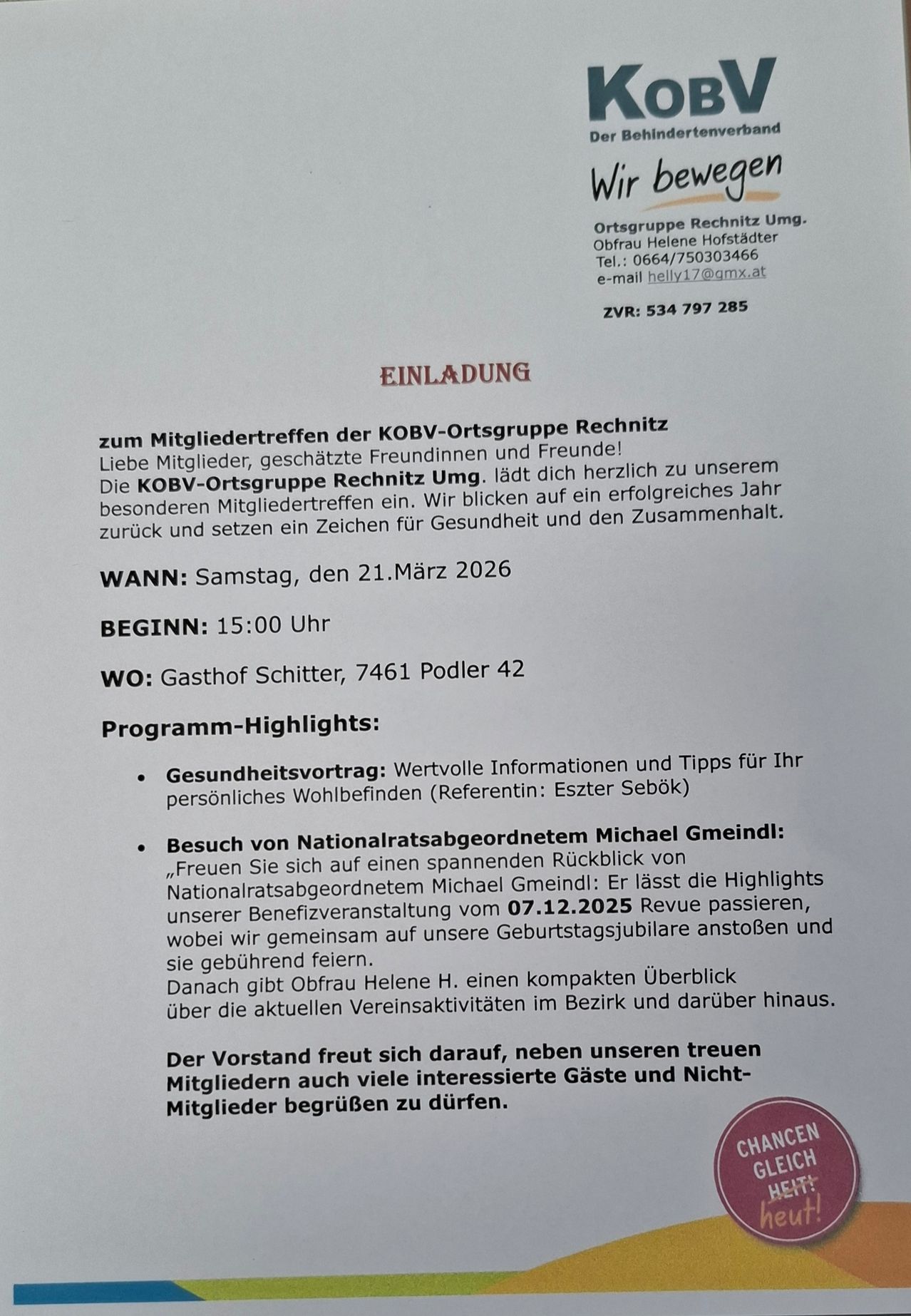 Invitation to the KOBV Ortsgruppe Rechnitz member meeting. Join friends and loved ones for a special gathering. Reflect on a successful year and set a mark for health and unity. When: Saturday, March 21, 2026. Start: 3:00 PM. Where: Gasthof Schitter, 7461 Pöllär 42. Program highlights: Health talk with valuable information and tips for your personal well-being. Visit by Nationalratsabgeordneter Michael Meindl.