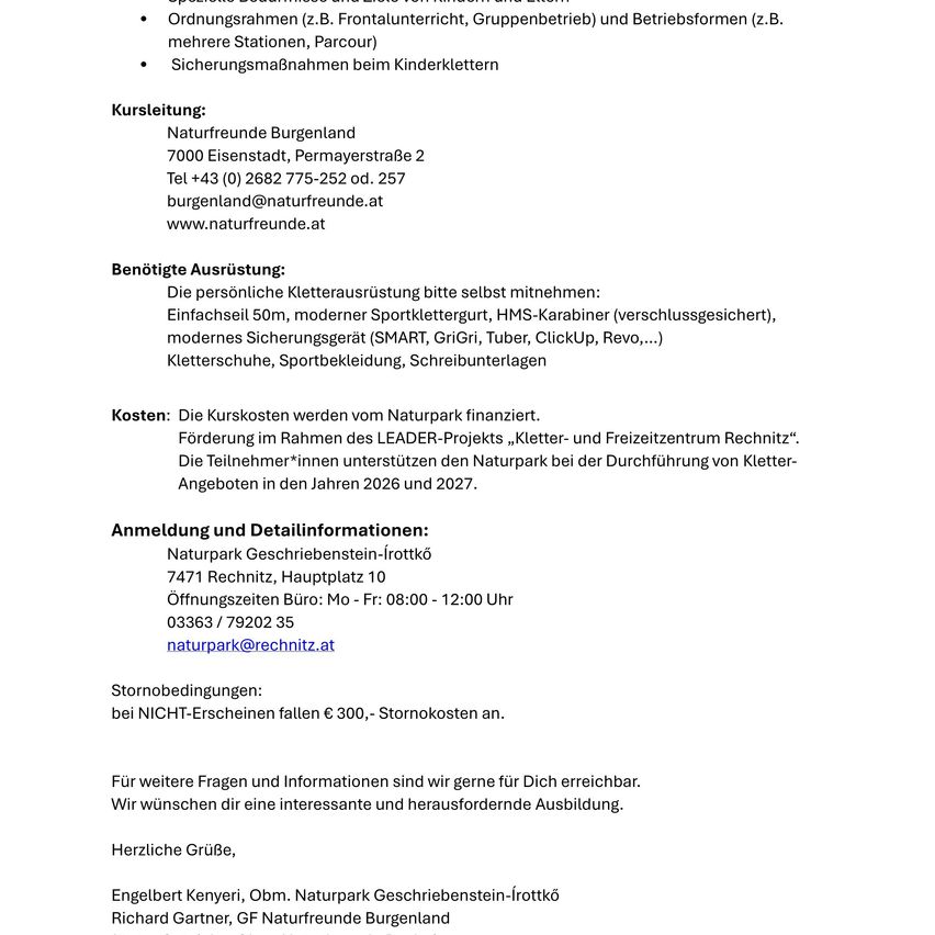 Ein Flyer für eine Naturpark-Veranstaltung in Burgenland. Er enthält Kontaktdaten, Ausrüstungsanforderungen, Kosten und Anmeldeinformationen. Öffnungszeiten sind Montag bis Freitag, 8:00 Uhr bis 12:00 Uhr. Kontakt erfolgt per E-Mail oder Telefon.