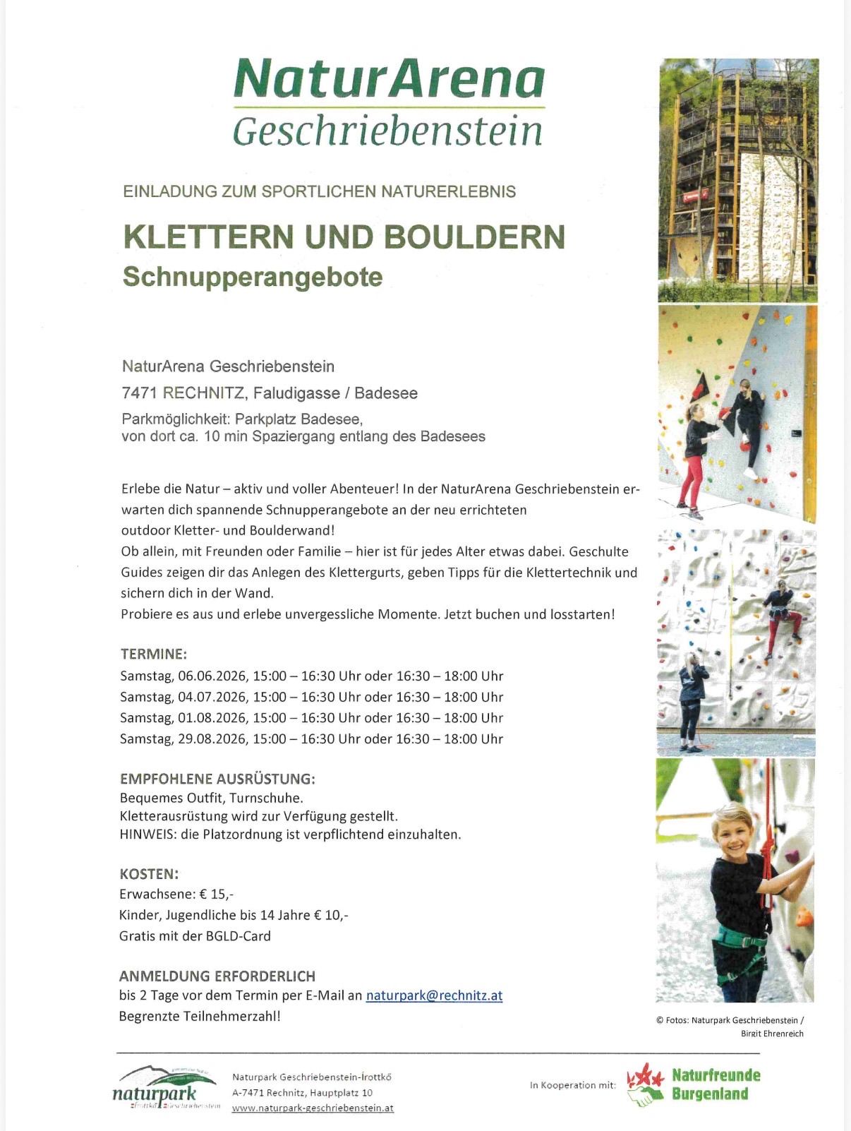 Plakat für eine Kletter- und Boulderveranstaltung in der NaturArena Geschichtenstein mit Bildern von Kletternden und einem Zeitplan mit Terminen und Uhrzeiten.