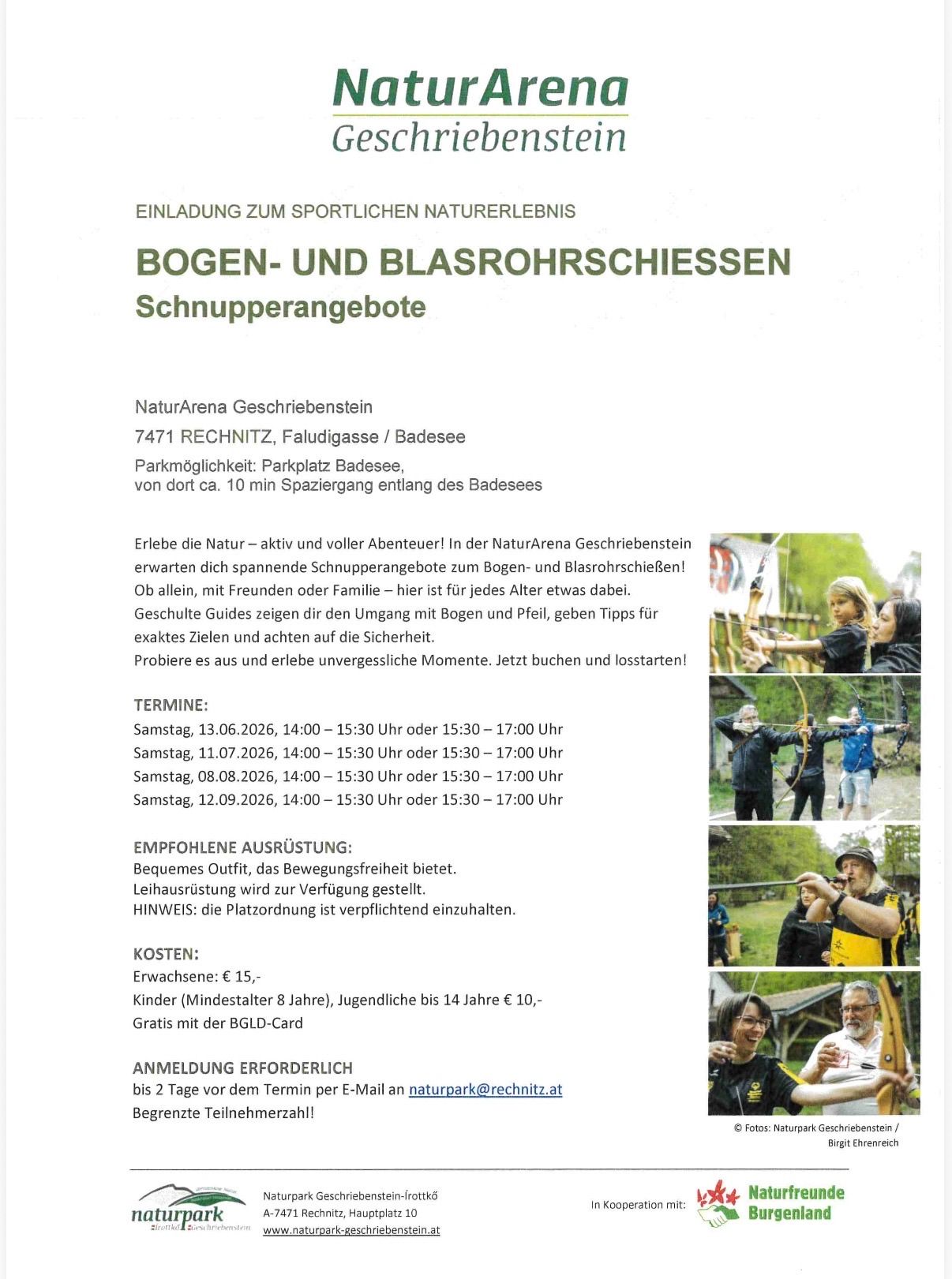 Ein Flyer für ein Natursporterlebnis in der NaturArena Gschriebenstein in Rechnitz, Österreich. Es zeigt Bilder von Menschen, die Bogenschießen und Blasrohrschießen betreiben, und enthält Details zur Veranstaltung, wie Termine, Zeiten und Kosten. Der Flyer ermutigt zur Buchung und Teilnahme.
