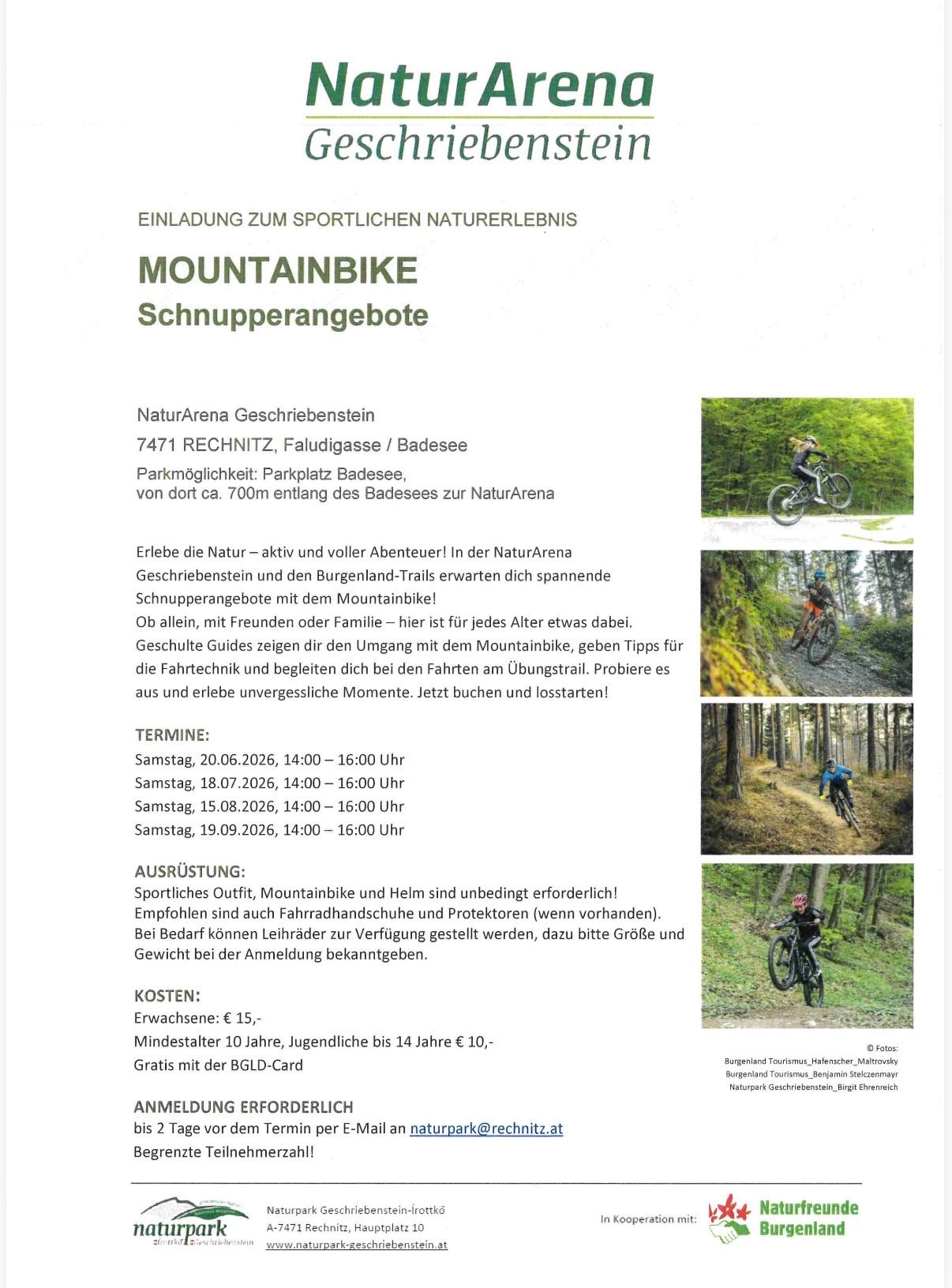 Ein Flyer für Mountainbike-Abenteuer in der NaturArena Gschriebenstein, mit einem Bild einer Person, die auf einem Trail mit einem Mountainbike fährt, und Text über das Event und die Termine.