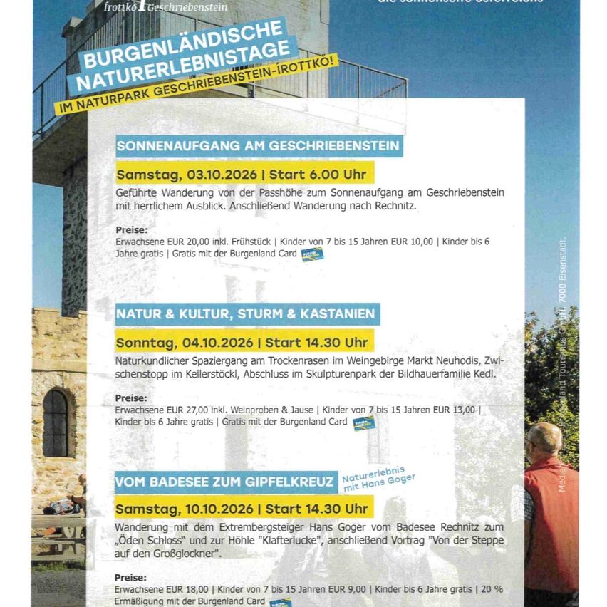 Plakat für Burgenländische Naturerlebensstage im Naturpark Geschriebenstein. Veranstaltungen umfassen eine geführte Wanderung, eine Natur- und Kulturtour und einen Spaziergang mit Hans Goger. Daten und Preise sind aufgeführt.